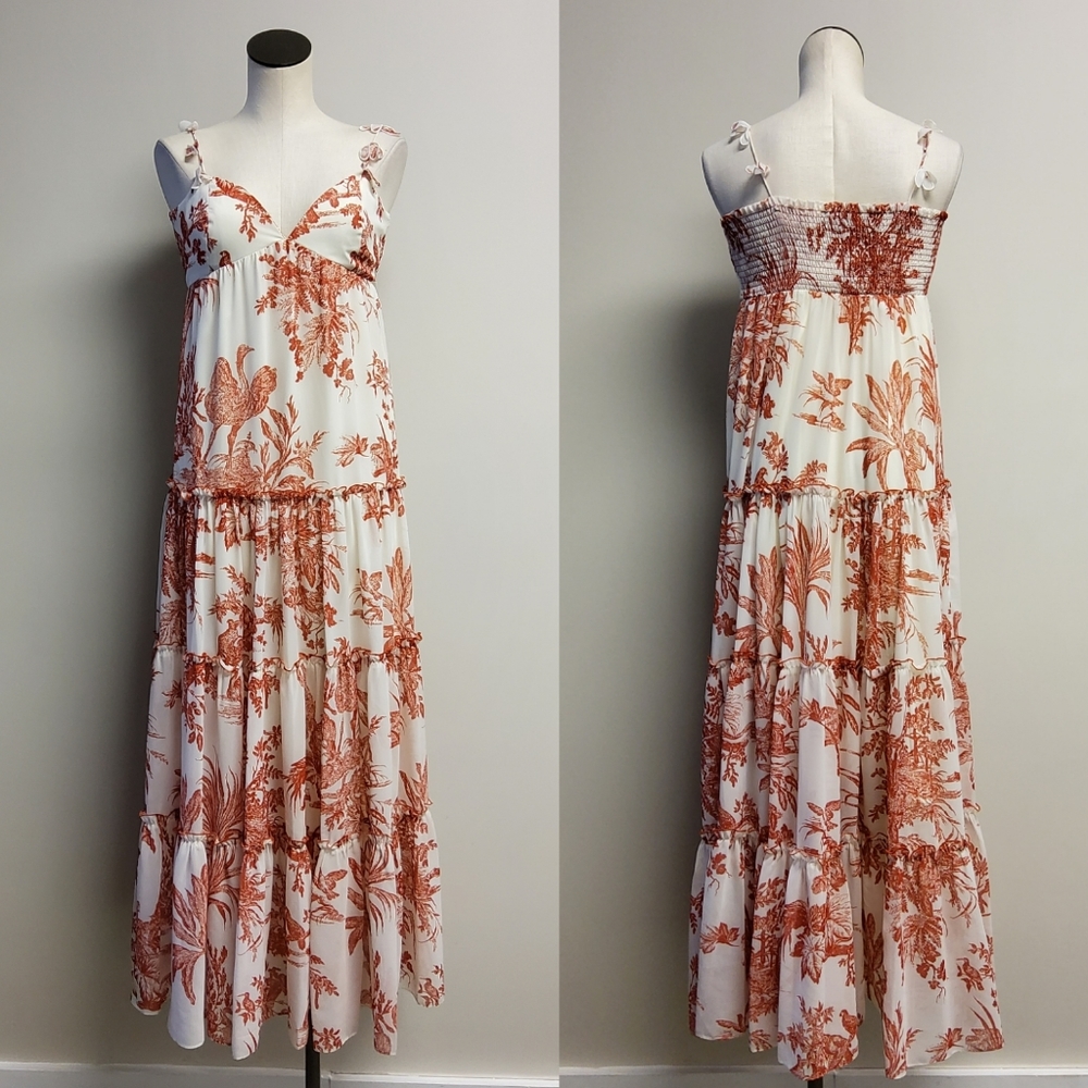 Sachin + Babi Toile Sunny Tiered Maxi Dress Deep Orange Ivory size 2
